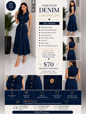 Dark Wash Denim Cutout Midi Dress - Size Medium